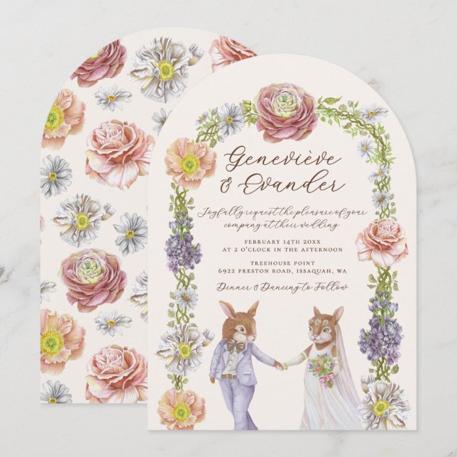 Elegant Boho Bunny Love Watercolor Floral Wedding  Invitation (Front/Back)