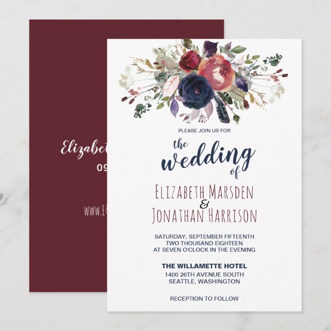 Elegant Boho Burgundy and Navy Blue Floral Wedding Invitation (Front/Back)