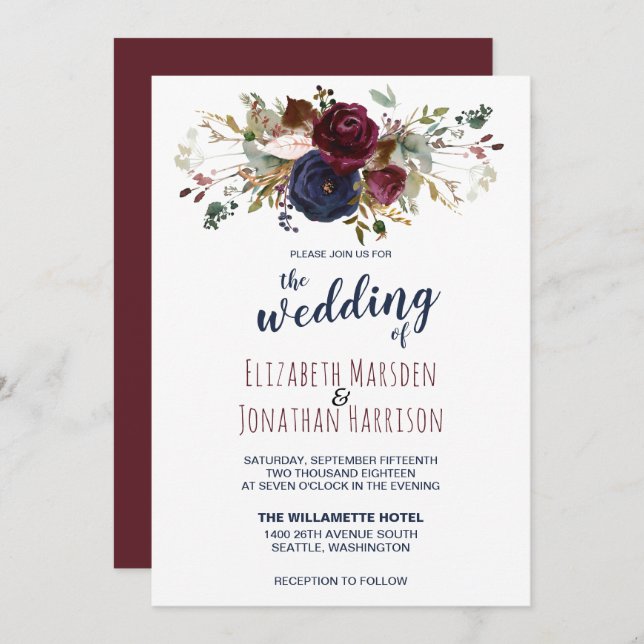 Elegant Boho Burgundy and Navy Blue Floral Wedding Invitation (Front/Back)