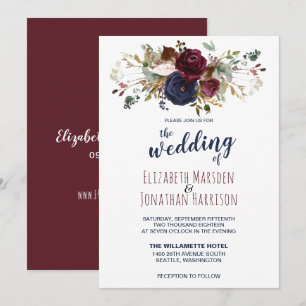 Elegant Boho Burgundy and Navy Blue Floral Wedding Invitation