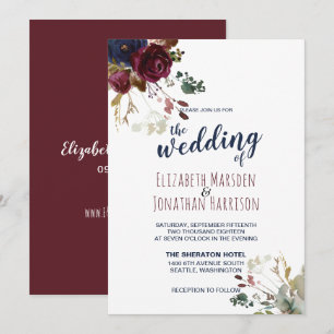 Elegant Boho Burgundy and Navy Blue Floral Wedding Invitation