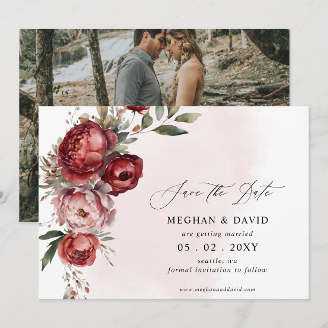Elegant Boho Burgundy Blush Floral Photo Save The Date (Front/Back)
