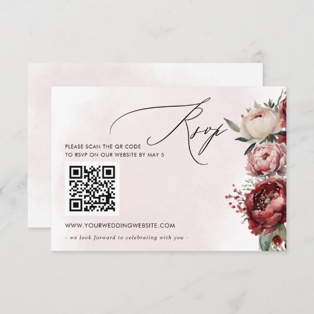 Elegant Boho Burgundy Blush Floral QR CODE RSVP Card (Front/Back)