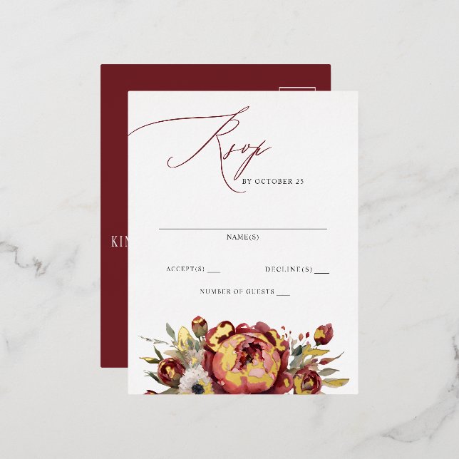 Elegant Boho Burgundy Blush Floral RSVP Foil Invitation Postcard (Front/Back)
