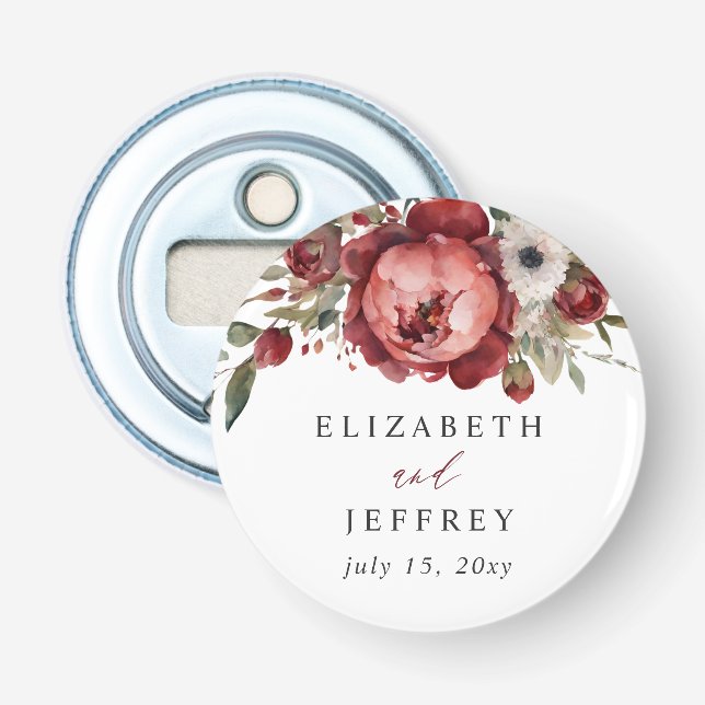 Elegant Boho Burgundy Blush Floral Wedding Bottle Opener (Front)