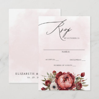 Elegant Boho Burgundy Blush Floral Wedding RSVP Card