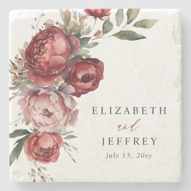 Elegant Boho Burgundy Blush Floral Wedding Stone Coaster (Front)