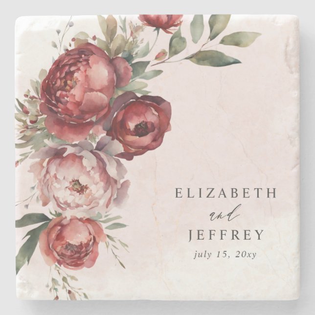 Elegant Boho Burgundy Blush Floral Wedding Stone Coaster (Front)