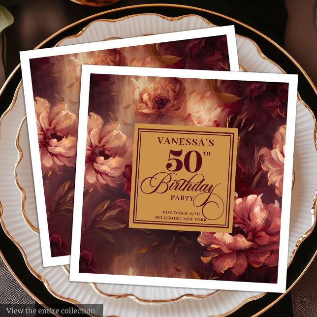 Elegant Boho Burgundy Blush Gold 50th Birthday  Napkin (Elegant Boho Burgundy Blush Gold 50th Birthday Paper Dinner Napkins)