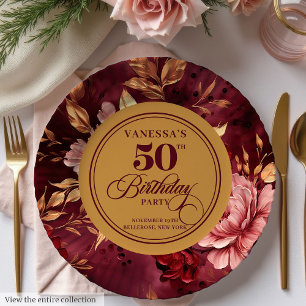 Elegant Boho Burgundy Blush Gold 50th Birthday  Paper Plate