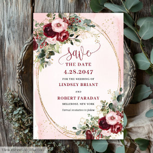Elegant Boho Burgundy Blush Gold Floral Save Date Invitation
