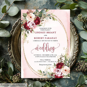 Elegant Boho Burgundy Blush Gold Floral Wedding  Invitation