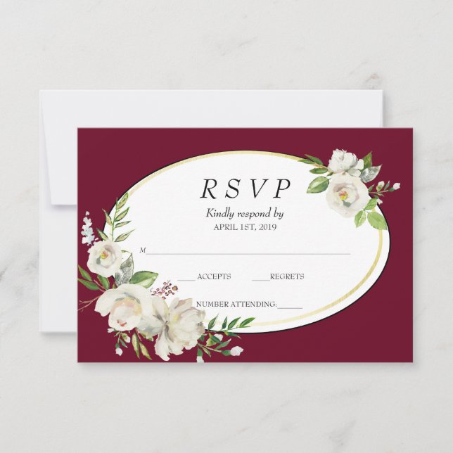 Elegant Boho Burgundy Floral Gold Wedding RSVP Card (Front)