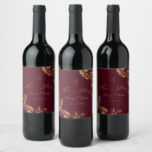 Elegant Boho   Burgundy Gold Autumn Wedding Wine Label