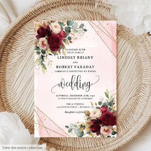 Elegant Boho Burgundy Gold Blush Roses Wedding  Invitation