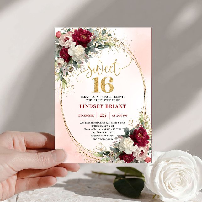 Elegant Boho Burgundy Gold Floral 16th Birthday  Invitation (Elegant Boho Burgundy Gold Floral 16th Birthday Invite)