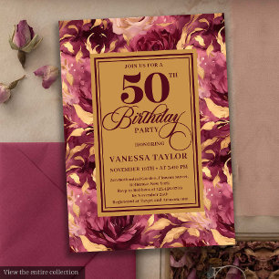 Elegant Boho Burgundy Gold Floral 50th Birthday  Invitation