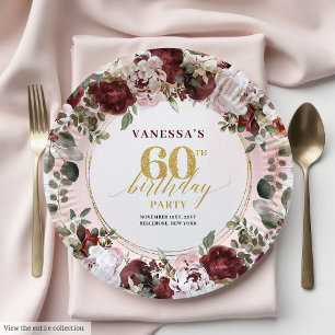 Elegant Boho Burgundy Gold Floral 60th Birthday  Paper Plate