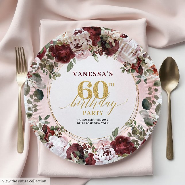 Elegant Boho Burgundy Gold Floral 60th Birthday  Paper Plate (Elegant Boho Burgundy Gold Floral 60th Birthday Plates)