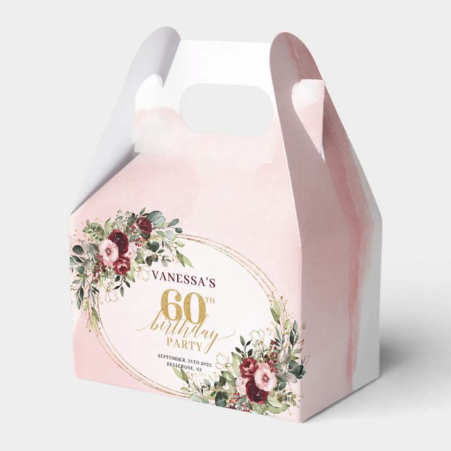 Elegant Boho Burgundy Gold Floral 60th Favour Box (Elegant Boho Burgundy Blush Roses 60th Birthday Box

)