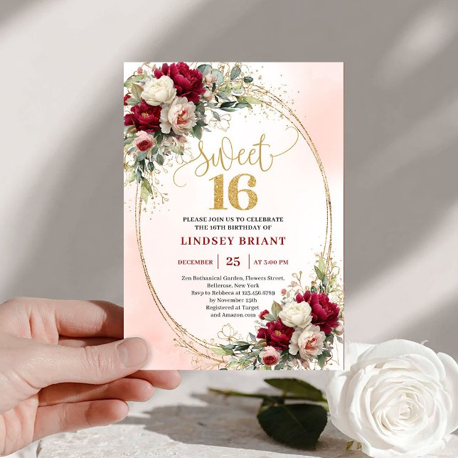 Elegant boho burgundy gold floral sweet sixteen  invitation (Elegant boho burgundy gold floral sweet sixteen invitation

)