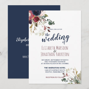 Elegant Boho Burgundy Navy Blue Floral Wedding Invitation