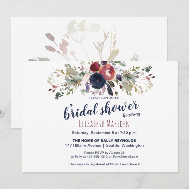 Elegant Boho Burgundy Navy Floral Bridal Shower Invitation (Front/Back)