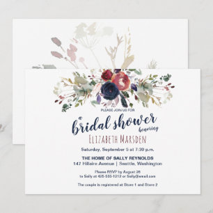 Elegant Boho Burgundy Navy Floral Bridal Shower Invitation