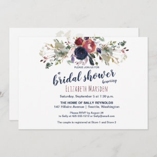 Elegant Boho Burgundy Navy Floral Bridal Shower Invitation