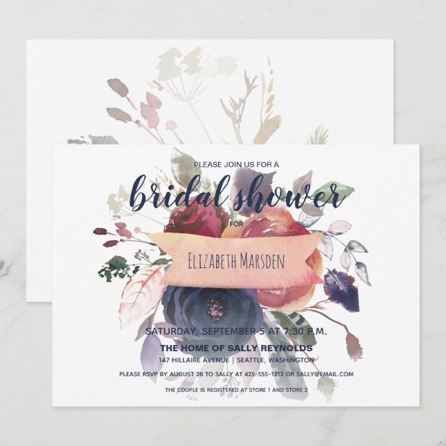 Elegant Boho Burgundy Navy Floral Bridal Shower Invitation (Front/Back)