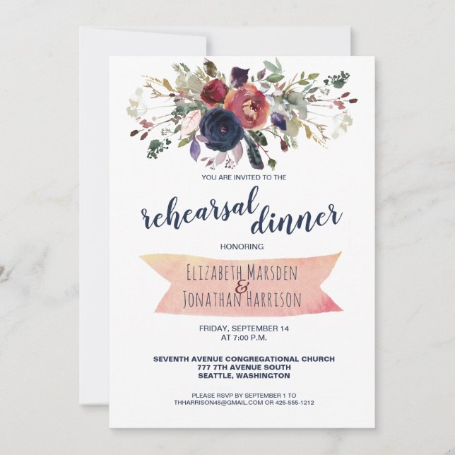 Elegant Boho Burgundy Navy Floral Rehearsal Dinner Invitation (Front)