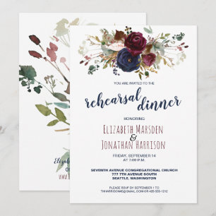Elegant Boho Burgundy Navy Floral Rehearsal Dinner Invitation