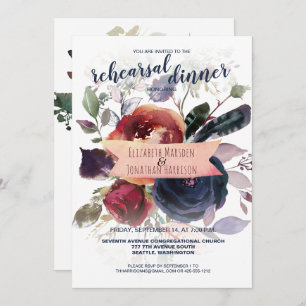 Elegant Boho Burgundy Navy Floral Rehearsal Dinner Invitation