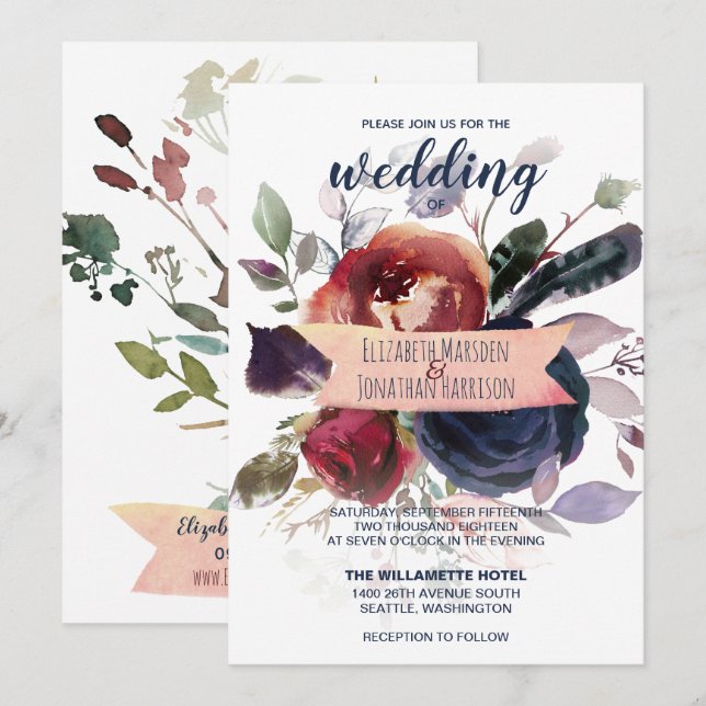 Elegant Boho Burgundy Navy Mauve Floral Wedding Invitation (Front/Back)