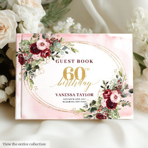 Elegant Boho Burgundy Roses Gold 60th Birthday Guest Book