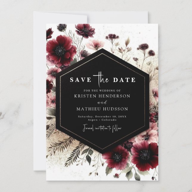 Elegant Boho Burgundy Wedding Save The Date (Front)