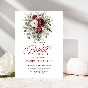 Elegant Boho Burgundy & White Floral Bridal Shower Invitation