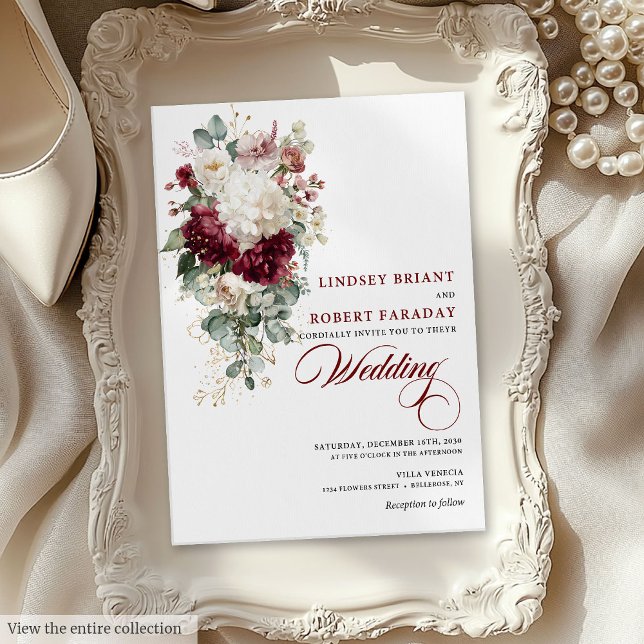 Elegant Boho Burgundy White Floral Wedding Invite (Elegant Boho Burgundy White Floral Wedding Invite)