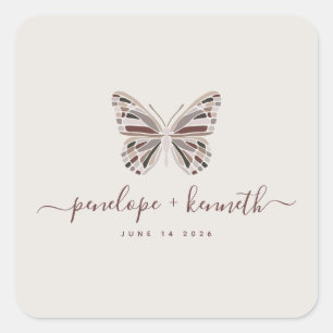Elegant Boho Butterfly Burgundy Taupe Wedding Square Sticker