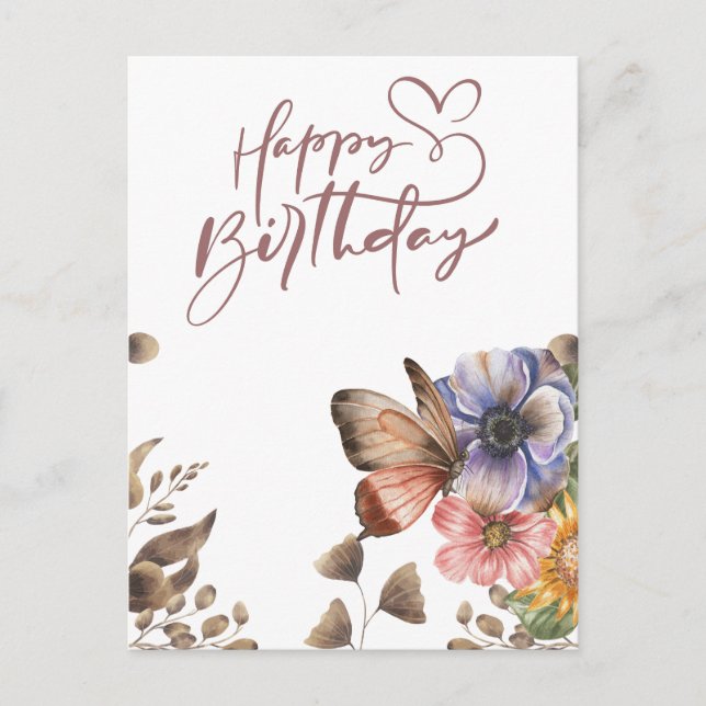 Elegant Boho Butterfly Floral Birthday  Postcard (Front)