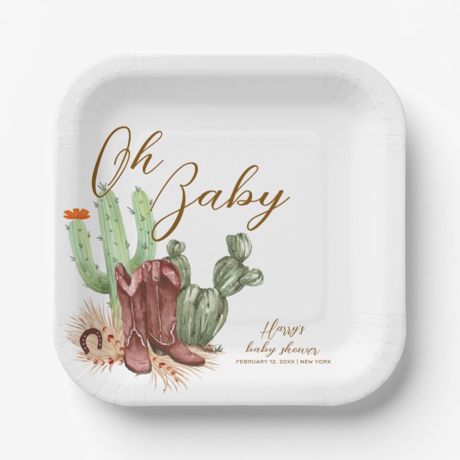 Elegant Boho Cactus Cowboy Shoes Baby Shower  Paper Plate (Front)