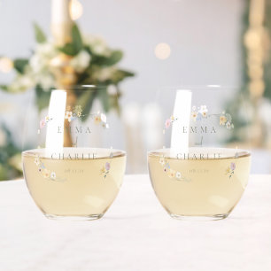 Elegant Boho Chic Pastel Flowers Wedding Stemless Wine Glass