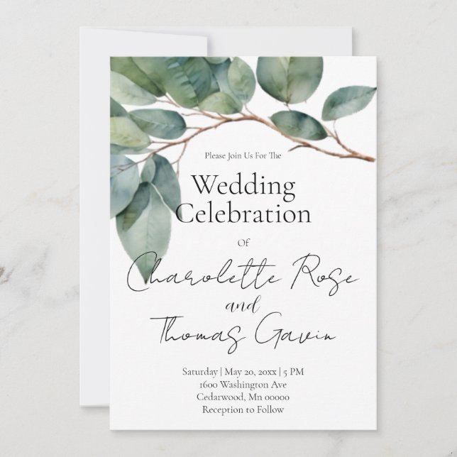 Elegant boho chic watercolor greenery botanical  invitation (Front)