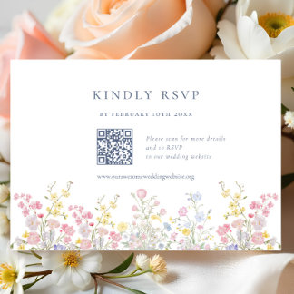 Elegant Boho Chic Wildflowers Wedding QR code RSVP Card