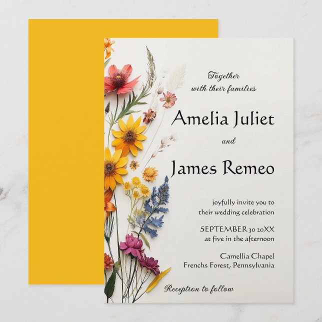 Elegant Boho Country Wild Flowers Wedding Invitation (Front/Back)