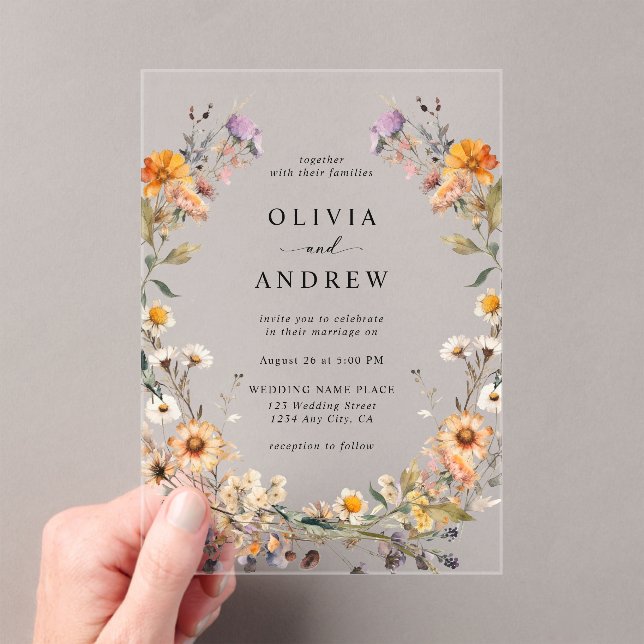 Elegant Boho Country Wildflowers Botanical Wedding Acrylic Invitations (Insitu (Handheld))