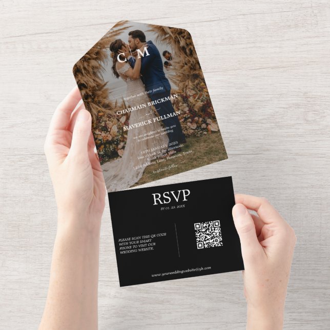 Elegant Boho Couple Photo White Black RSVP Wedding All In One Invitation (Tearaway)