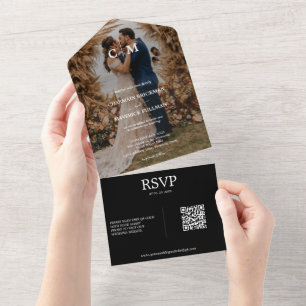 Elegant Boho Couple Photo White Black RSVP Wedding All In One Invitation