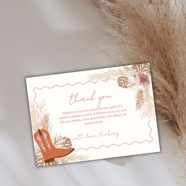 Elegant Boho Cowgirl Boots Pampas Baby Shower Thank You Card (Elegant Boho Cowgirl Boots Pampas Baby Shower Thank You Card)