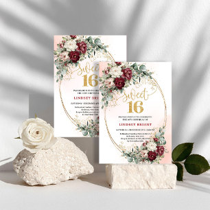 Elegant Boho Deep Red Peonies Sweet Sixteen Invite
